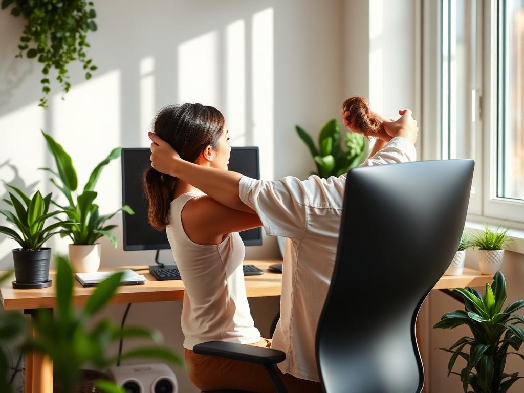 Людина робить розтягування плечей в домашньому офісі