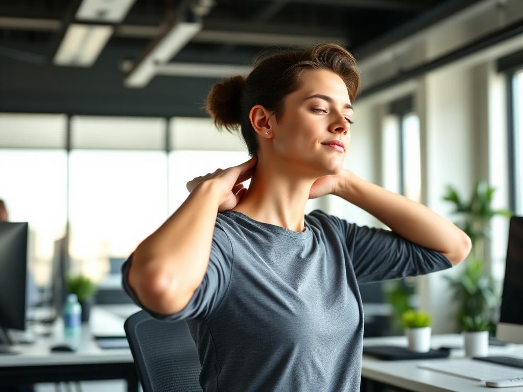 Жінка робить розтягування шиї за робочим столом в офісі