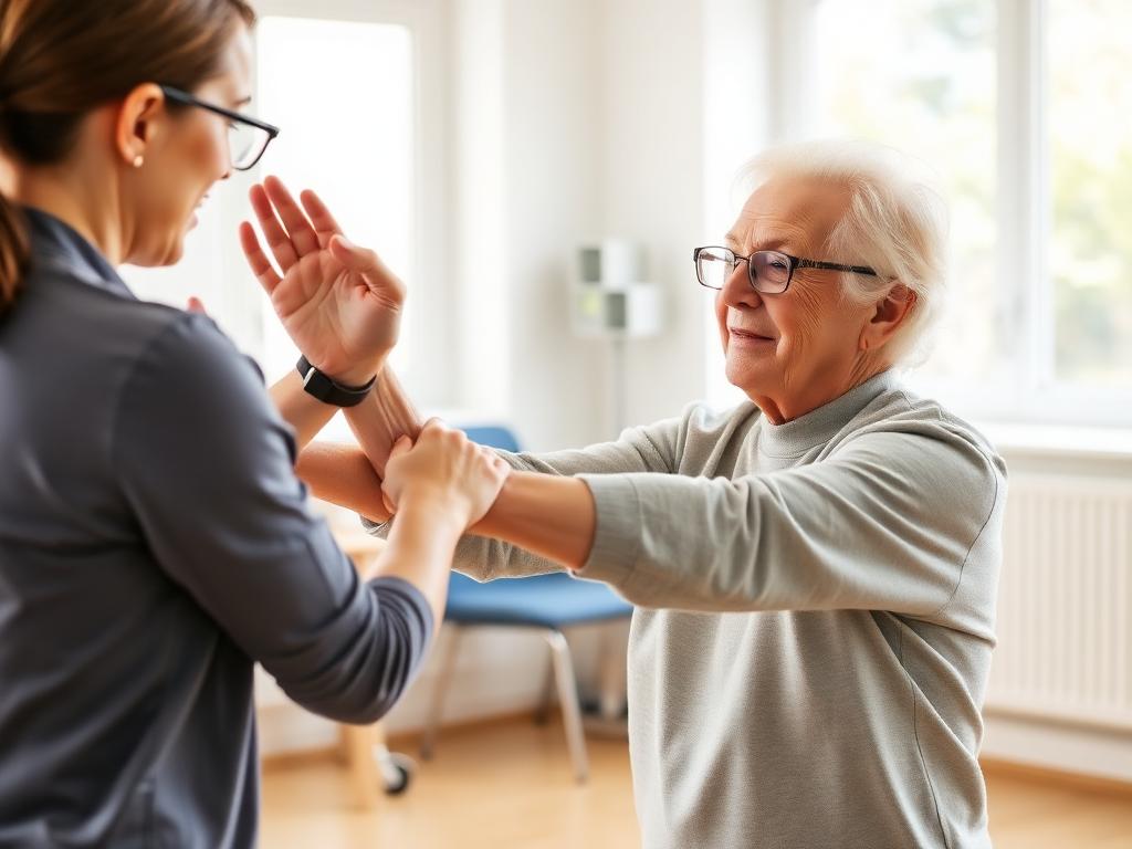 Літня жінка робить м'які вправи з допомогою інструктора