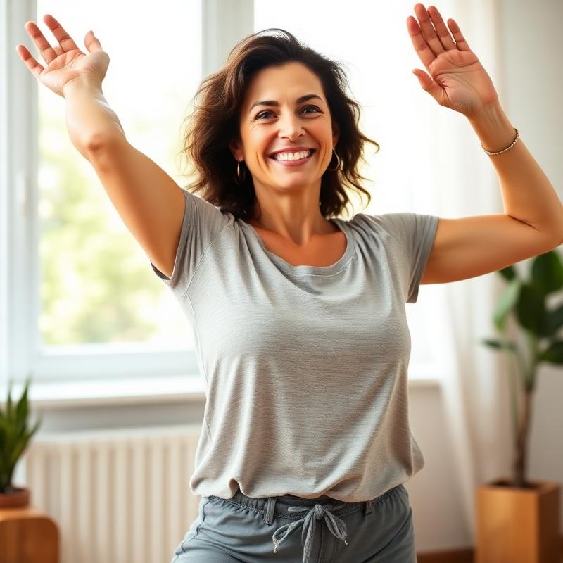 Жінка посміхається виконуючи ранкові розтягування